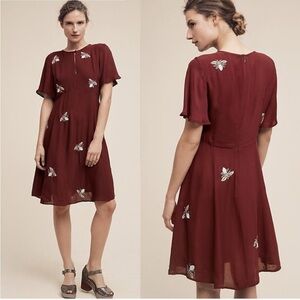 Anthropologie Burgundy Floral Embroidered Short Sleeve Dress